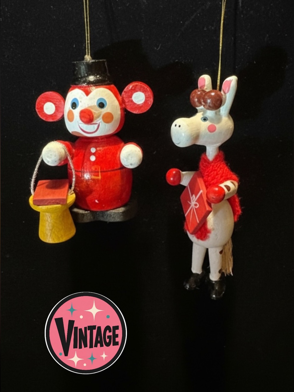 Vtg 1970s–80s Rare Unique Wooden Christmas Giraffe & Mouse Ornaments Set of 2